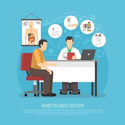 Diabetes treatment vector illustration with patient in doctors office on reception at endocrinologist flat vector illustration