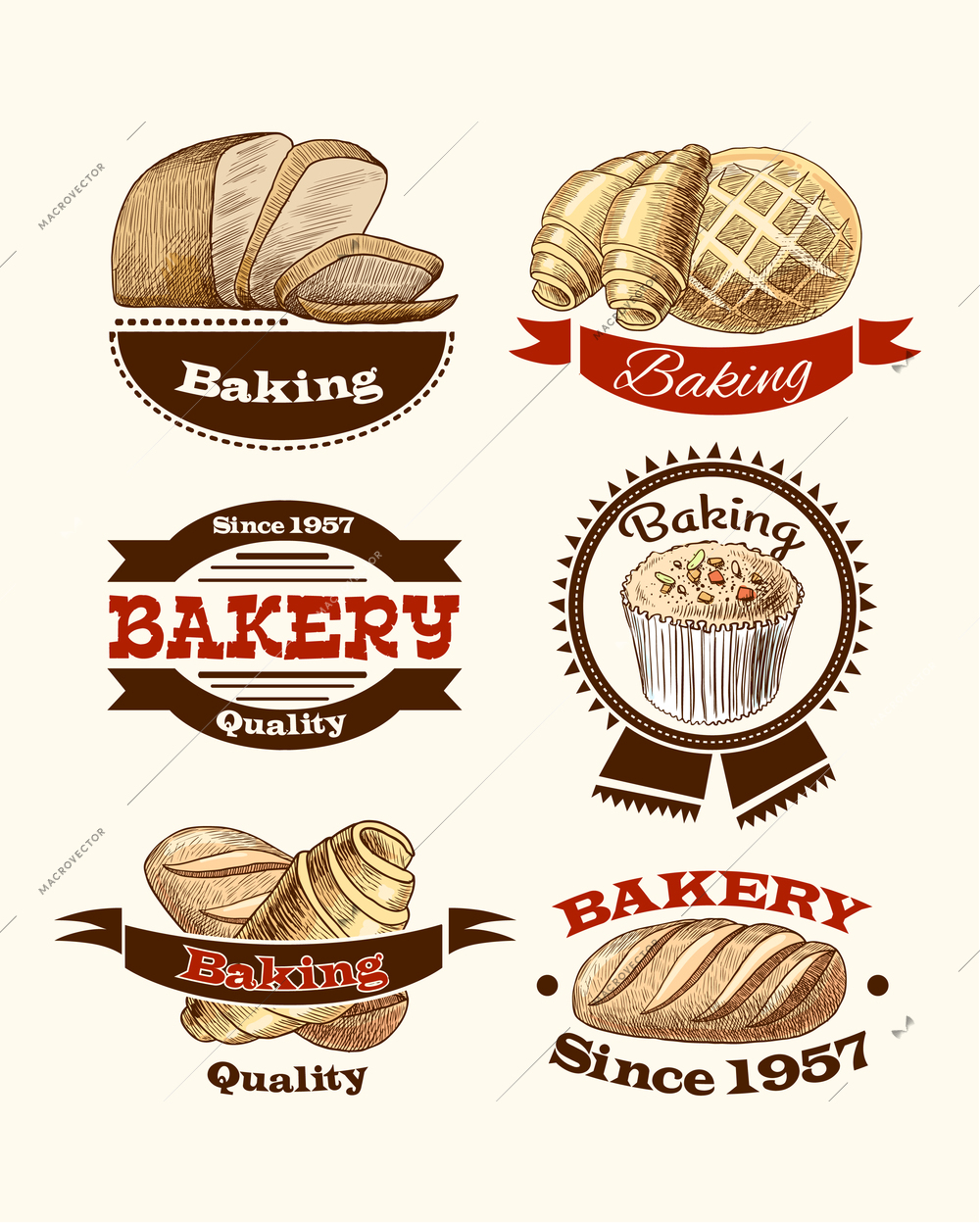 Bread cup cake and croissant pastry vintage bakery food labels vector illustration