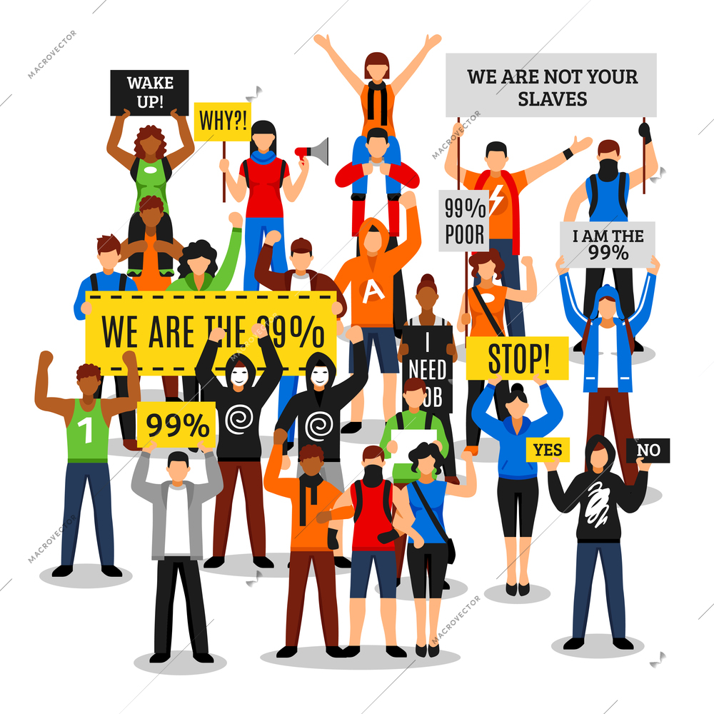 Composition of protesting crowd with colorful people characters faceless rioters holding various placards with editable text vector illustration