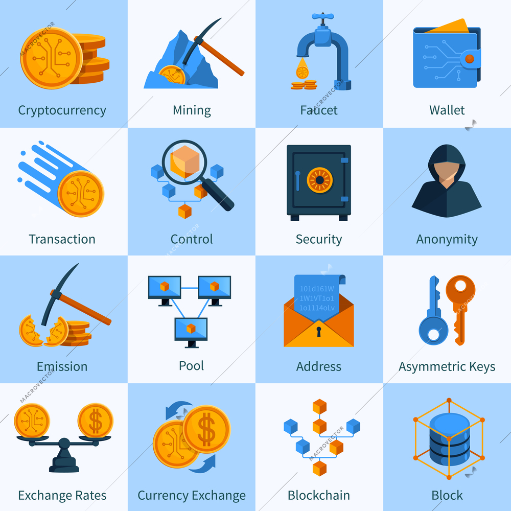 Set of icons in flat style with virtual currency block chain mining and security isolated vector illustration