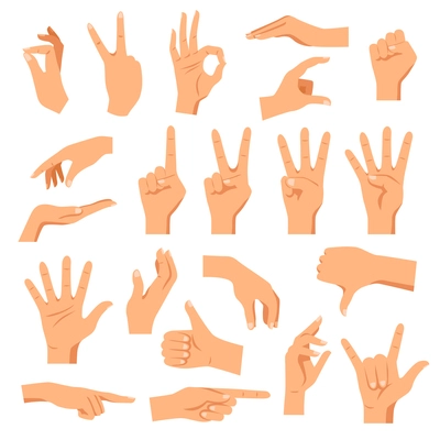 Set of hands in different gestures emotions and signs on white background isolated vector illustration