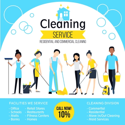 Cleaning company poster with workers and different services in flat style vector illustration