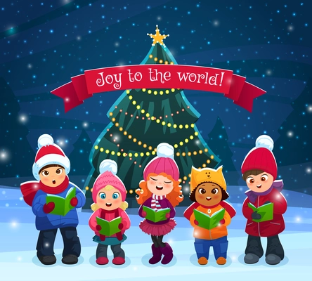 Little kids singing Christmas caroling with pine tree on bakcground vector illustration