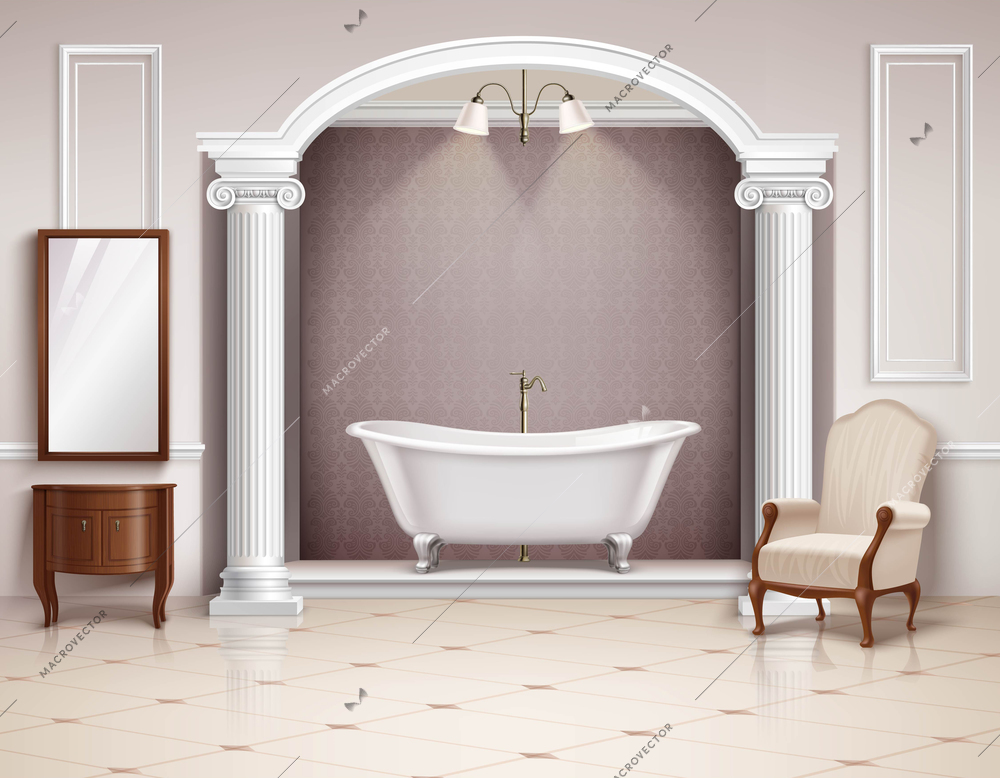 Beautiful luxurious bathroom interior with victorian columns furniture and white clawfoot bathtub realistic design vector illustration