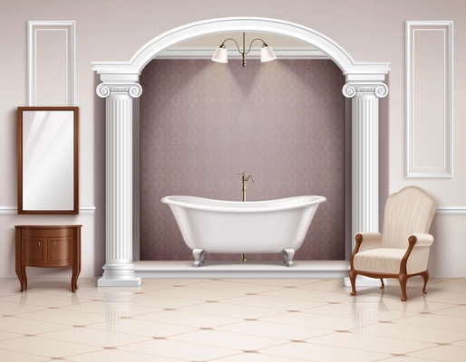 Beautiful luxurious bathroom interior with victorian columns furniture and white clawfoot bathtub realistic design vector illustration