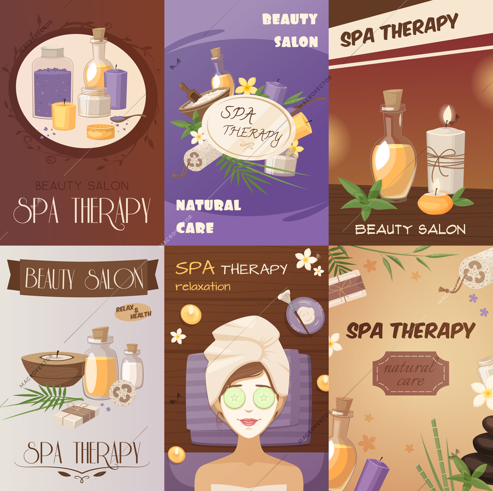 Spa therapy and beauty cartoon posters with natural healthy body care accessories woman mask vector illustration