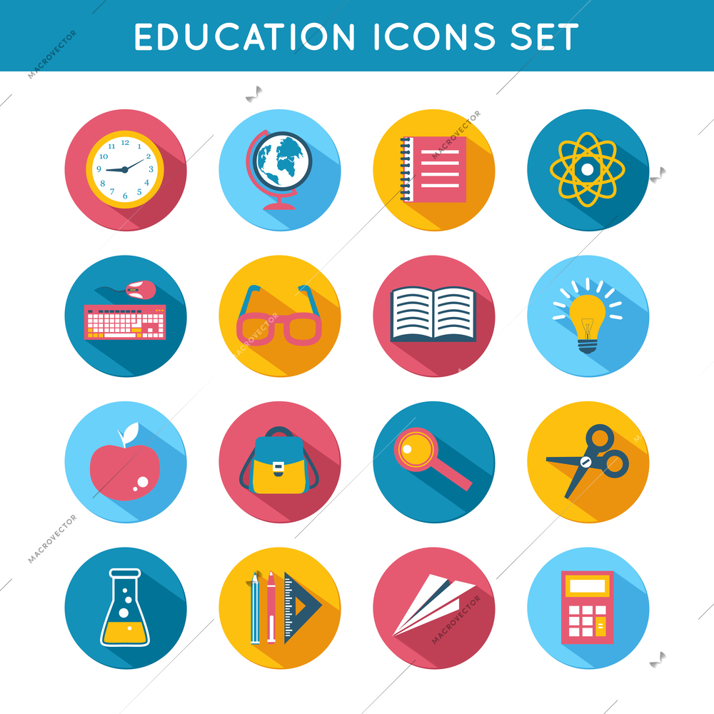 Education knowledge chemistry maths computer flat icons set isolated vector illustration