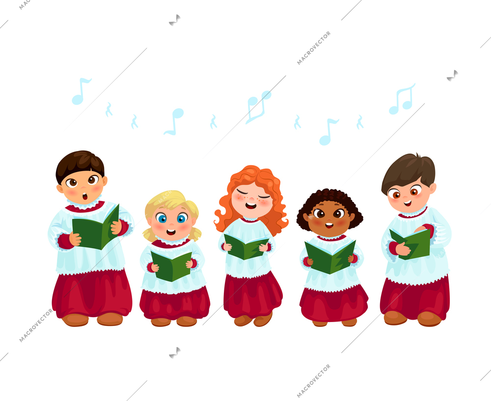 Little kids in church costumes going Christmas caroling flat vector illustration