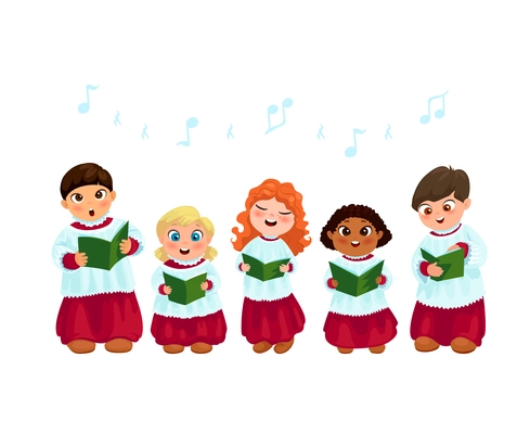 Little kids in church costumes going Christmas caroling flat vector illustration