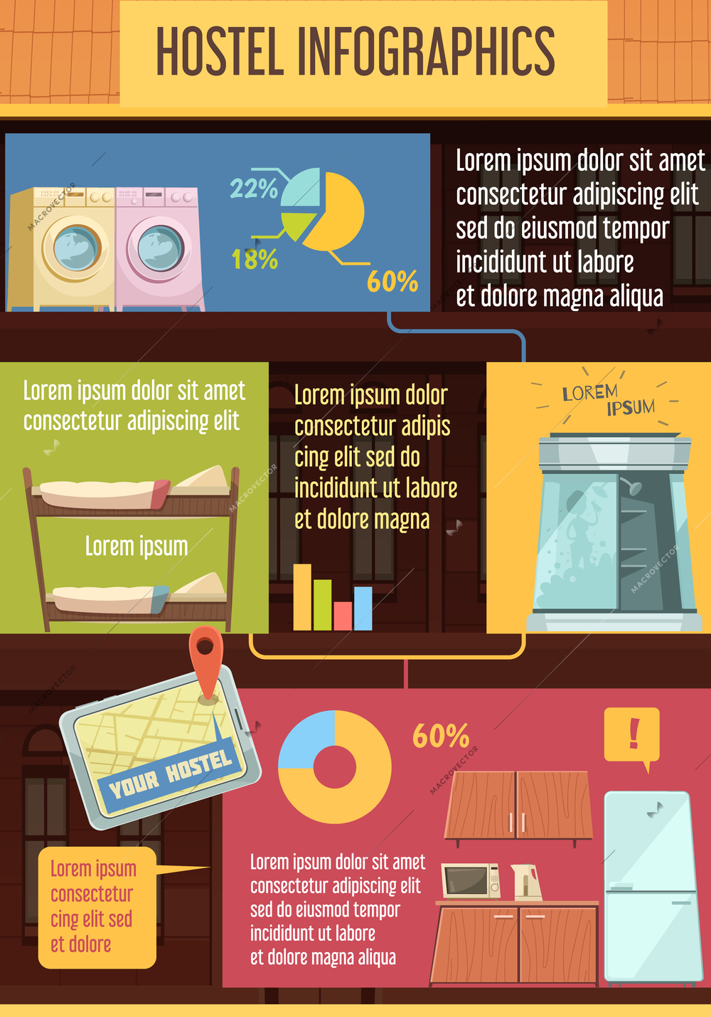 Hostel infographics template with elements of furniture household appliances utensils  used for guests flat vector illustration