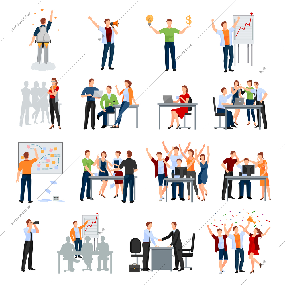 Business startup work moments flat icons collection with meeting planning presentation brainstorming teamwork and success isolated vector illustration