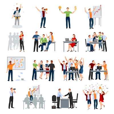 Business startup work moments flat icons collection with meeting planning presentation brainstorming teamwork and success isolated vector illustration