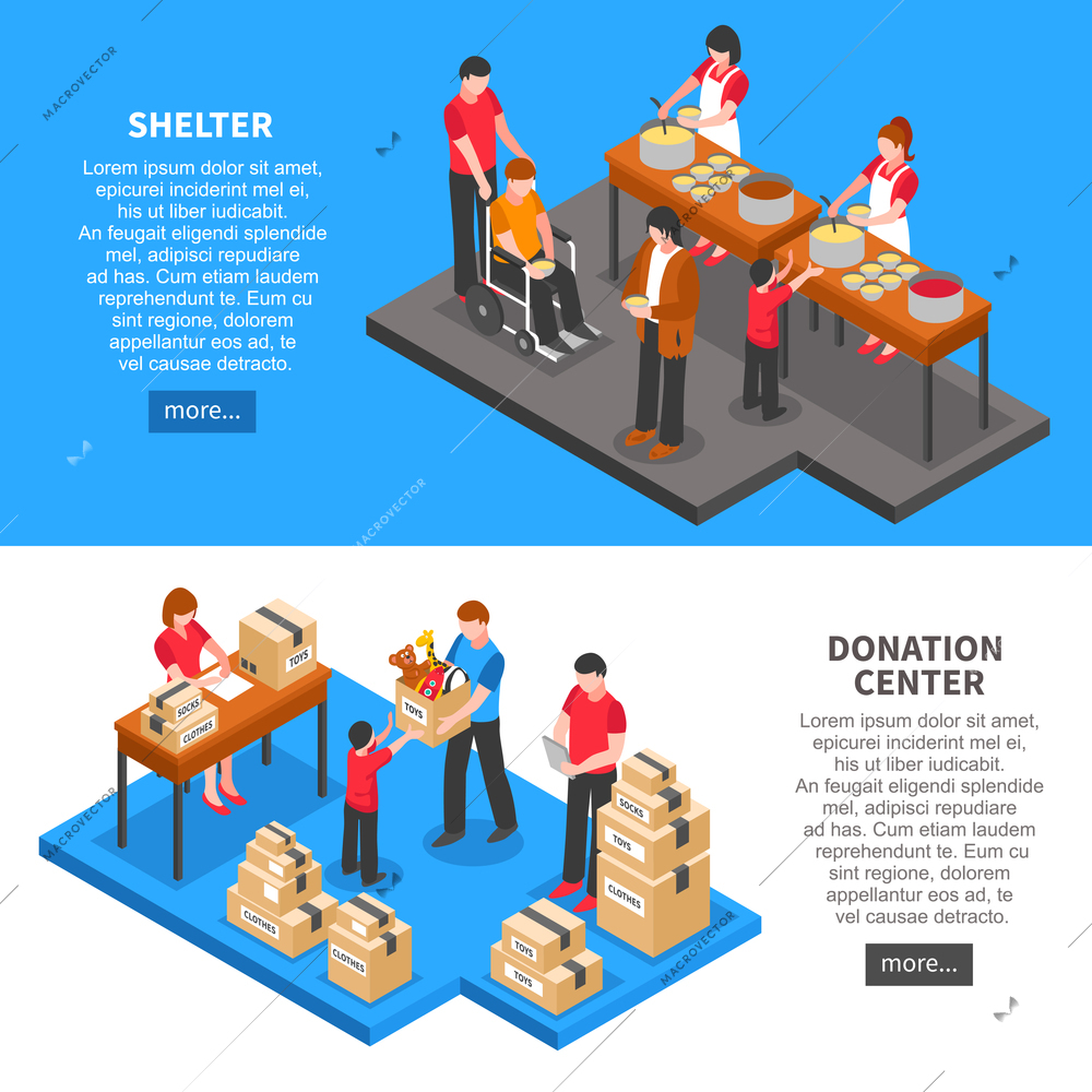 Charity isometric horizontal banners with donation center volunteers feeding and giving necessary things to people from shelter isolated vector illustration