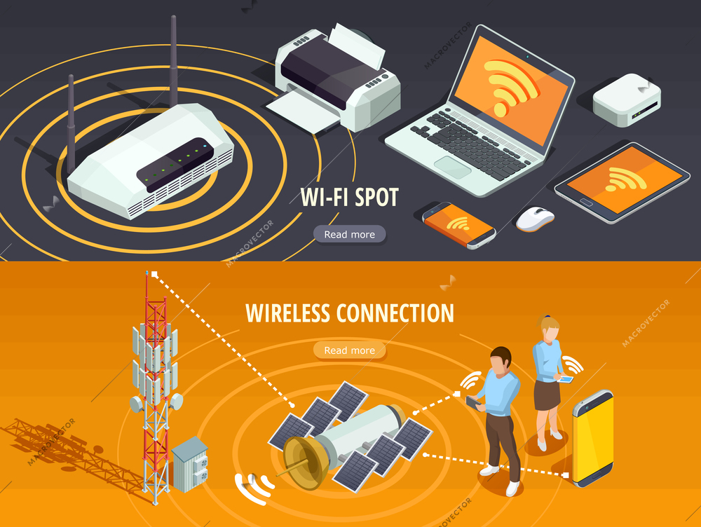 Internet wireless connection 2 isometric horizontal banners set with satellite signal and mobile devices isolated vector illustration