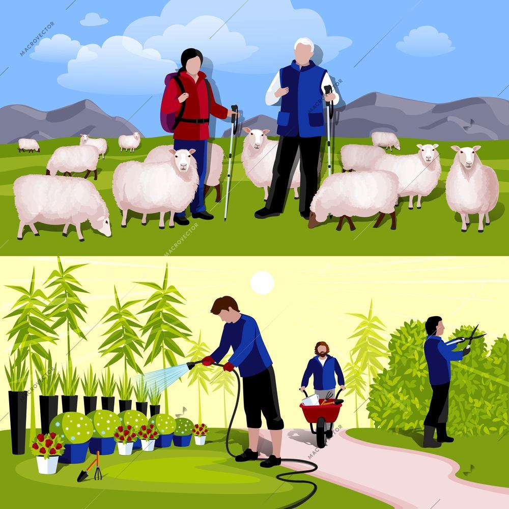 Cattle farm sheep tenders and decorative plants nursery workers 2 flat horizontal banners isolated vector illustration