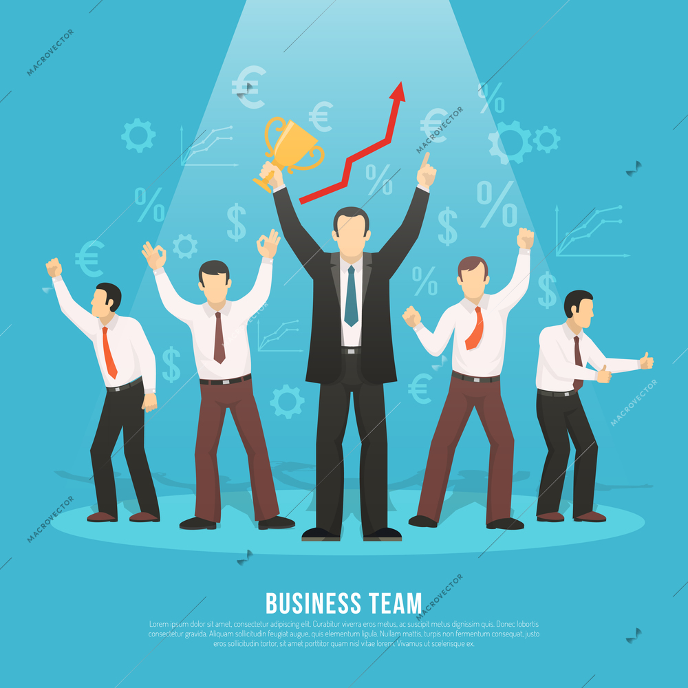 Business team success flat poster with manager holding winner prize and euro dollar profit symbols vector illustration