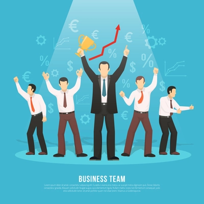 Business team success flat poster with manager holding winner prize and euro dollar profit symbols vector illustration