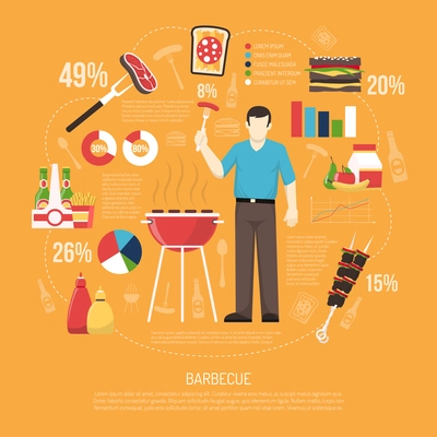 Barbecue infographics flat layout with bar and circle charts and statistic of products for grilling tools and equipment vector illustration