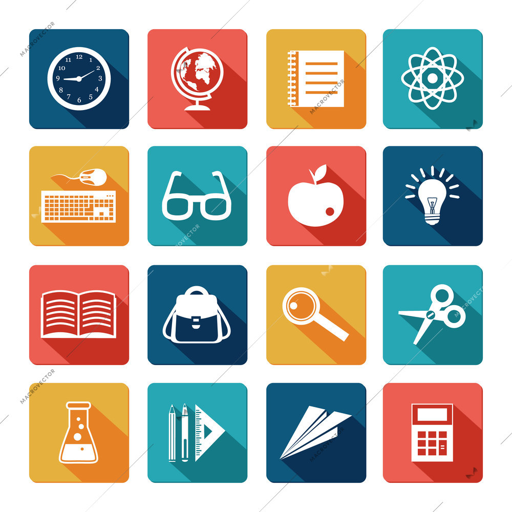 Education knowledge college and school flat icons set isolated vector illustration