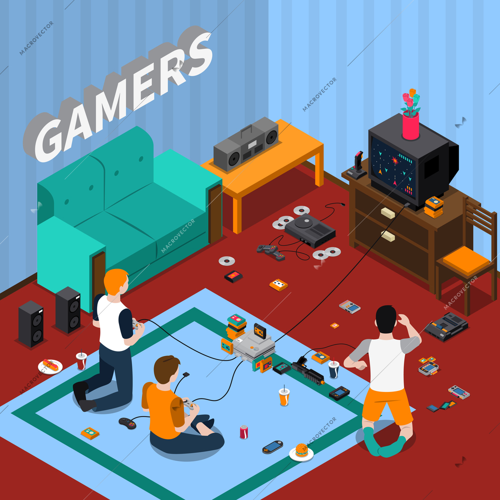 Game gadgets isometric template with children playing videogames at home vector illustration