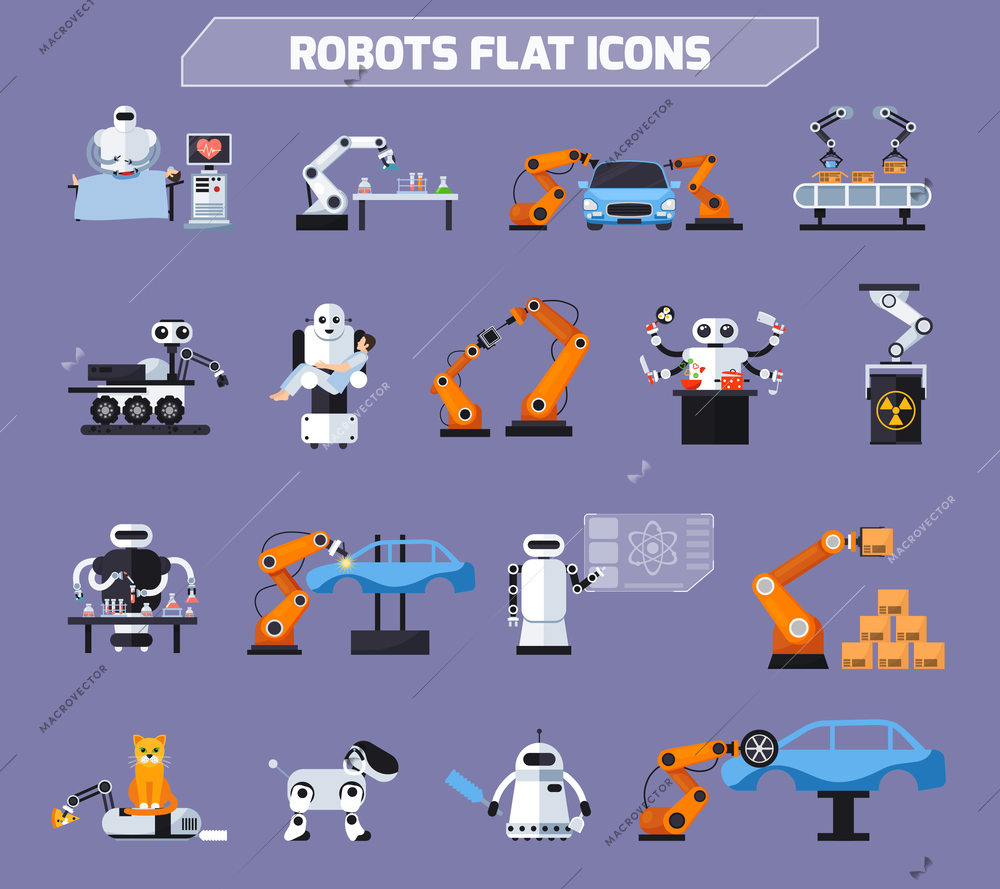 Robots icons set with technology symbols flat isolated vector illustration