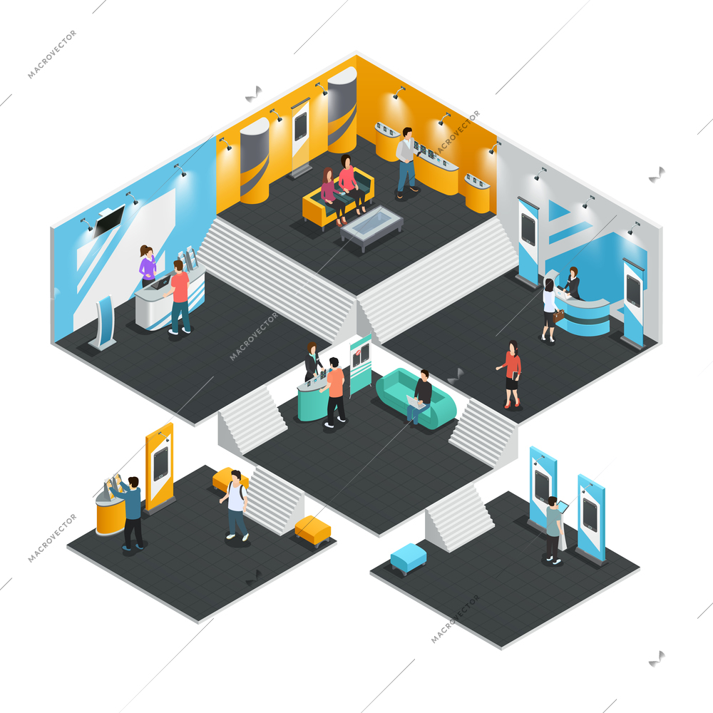 Multistore interior template with exhibition stands isometric composition vector illustration