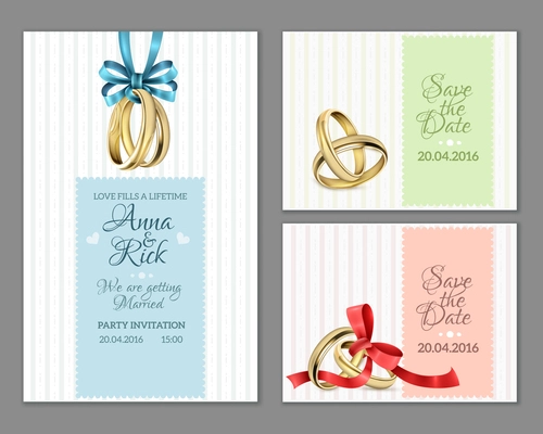 Celebrate invitation wedding cards with gold rings blue and red ribbon bows on striped background vector illustration