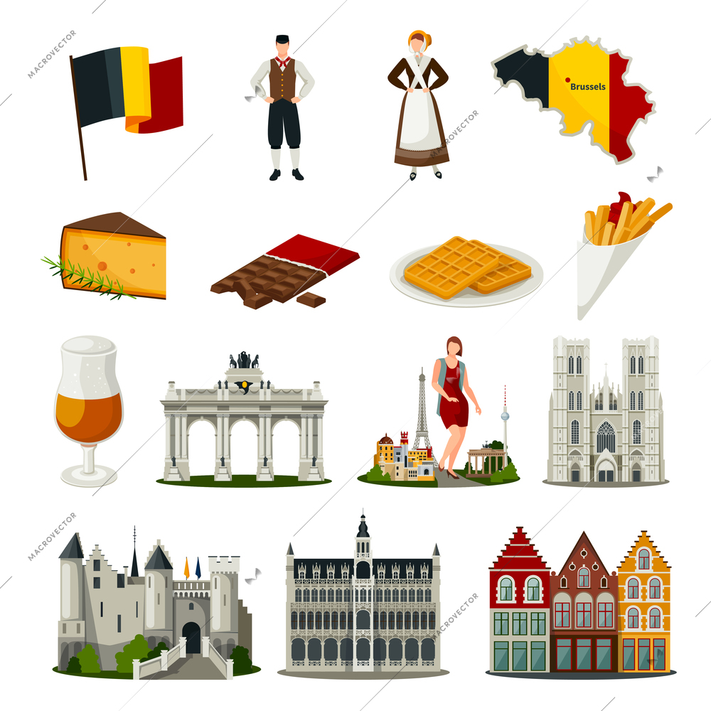 Set of flat style icons with symbols of belgium including food architecture national costumes isolated vector illustration