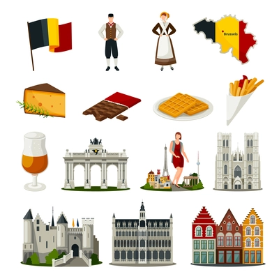 Set of flat style icons with symbols of belgium including food architecture national costumes isolated vector illustration