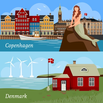 Denmark flat style compositions with buildings national flag sea and wind turbines famous mermaid isolated vector illustration