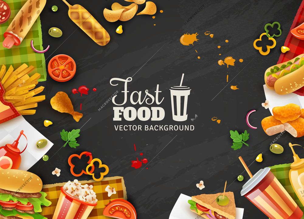 Fastfood restaurant colorful frame black background poster with popcorn mustard saus hotdogs and ice-cream vector illustration