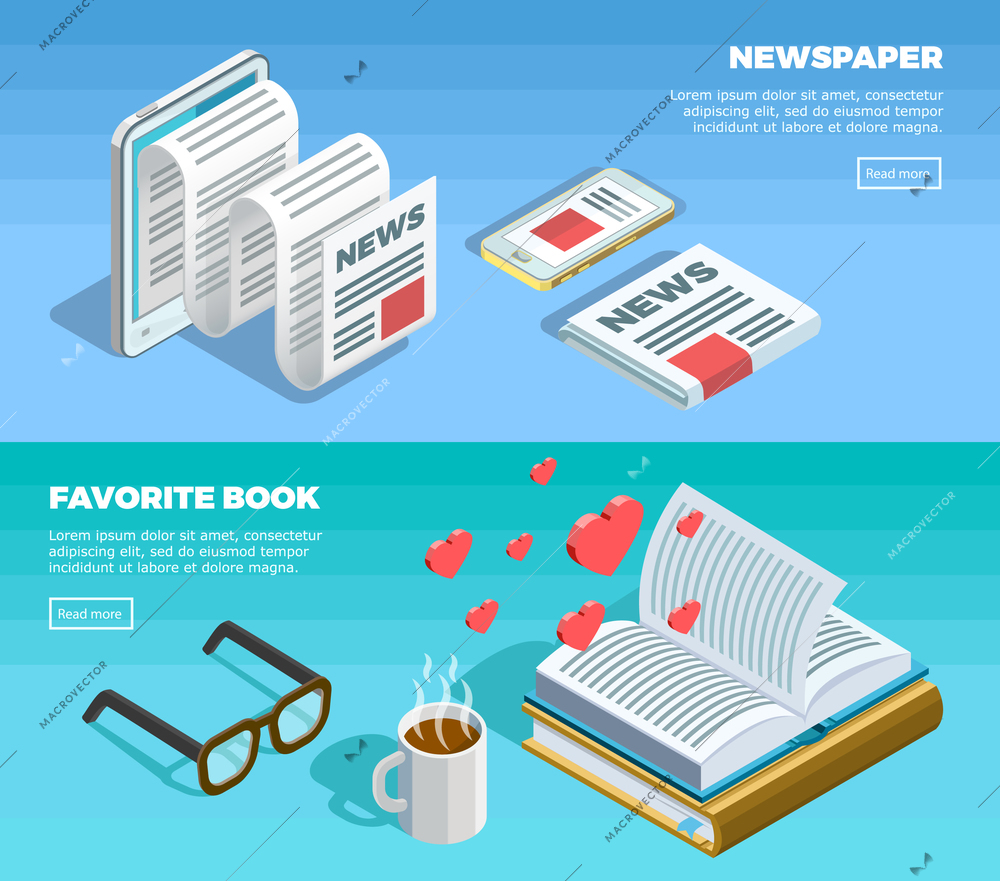 Two horizontal isometric reading banner set with newspaper and favorite book description and button vector illustration