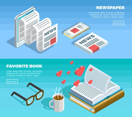 Two horizontal isometric reading banner set with newspaper and favorite book description and button vector illustration