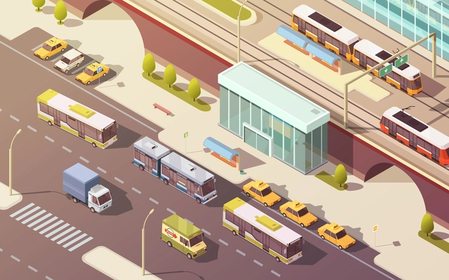 City transport with bike car bus and tram symbols isometric vector illustration