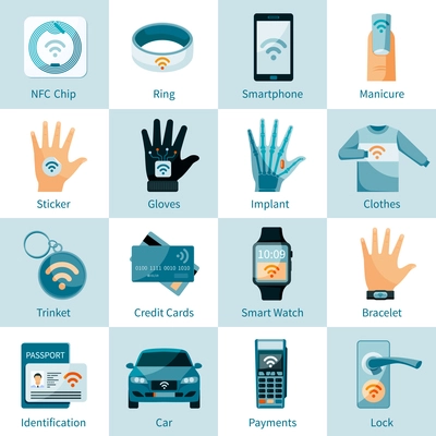 NFC technology icons set with chip ring  trinket banking card and identification flat style isolated vector illustration