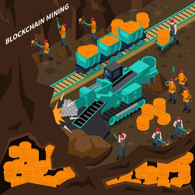 Blockchain mining isometric concept with machinery and miner people vector illustration