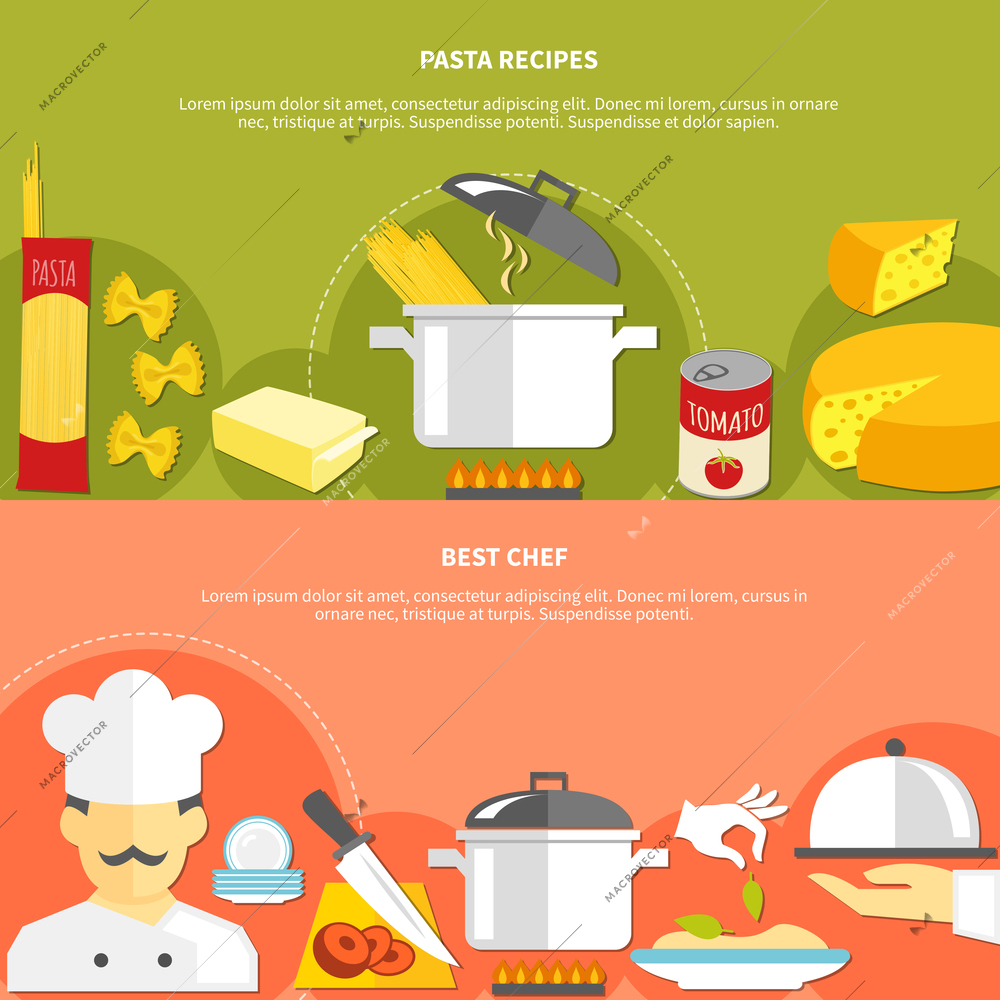 Food flat horizontal banners with ingredients for pasta cooking and chef work responsibilities vector illustration