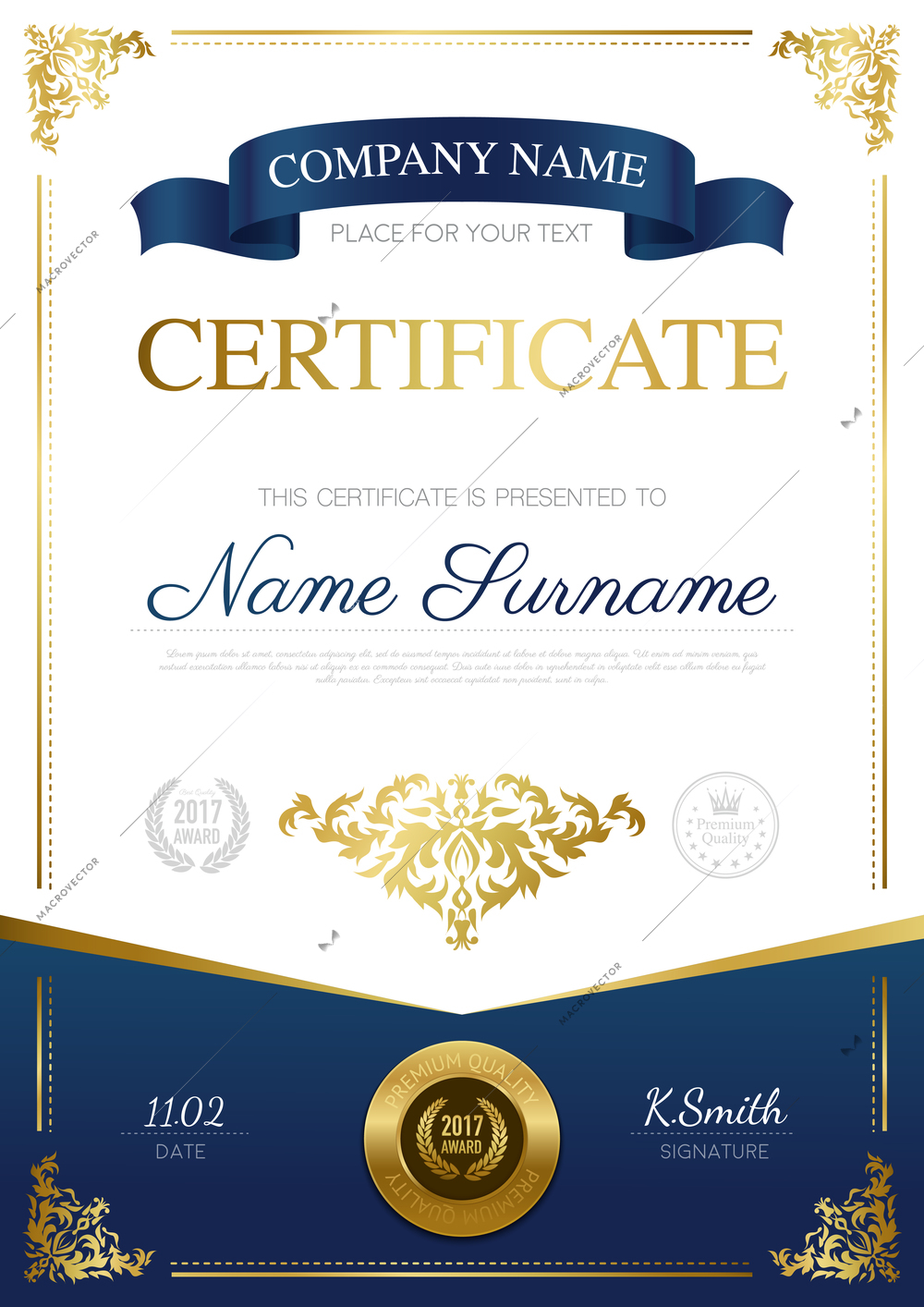 Stylish certificate design with blue ribbon place for text and gold award vector illustration