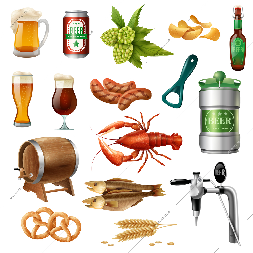 Oktoberfest beer snacks and accessories colorful icons collection with oak barrel lobster and pretzels isolated vector illustration