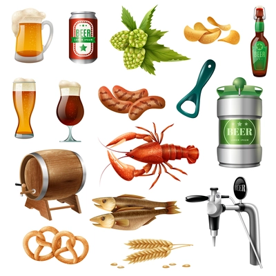 Oktoberfest beer snacks and accessories colorful icons collection with oak barrel lobster and pretzels isolated vector illustration