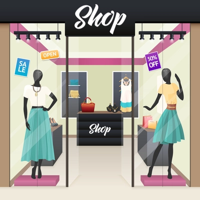 Women fashion clothes and beauty accessories shop sale display windows street view realistic image vector illustration