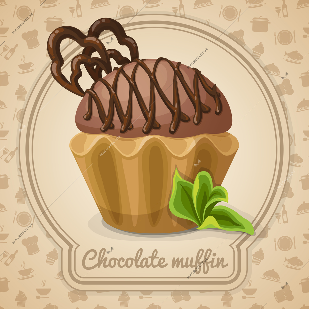 Chocolate muffin dessert poster in frame and cooking icons on background vector illustration