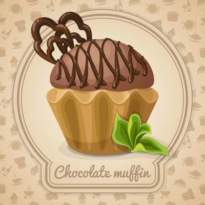 Chocolate muffin dessert poster in frame  and cooking icons on background vector illustration