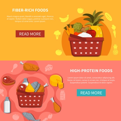 Supermarket food 2 horizontal banners with read more button basket high protein fiber rich foods orange pink background flat vector illustration