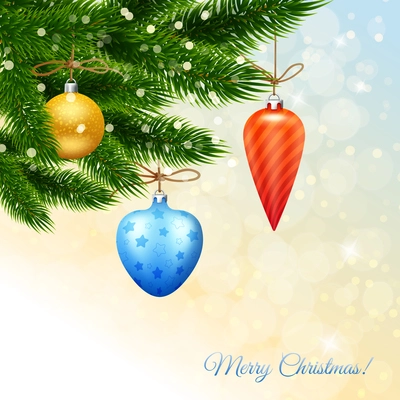 Merry Christmas poster with green fir branches colorful balls on light blurred background vector illustration