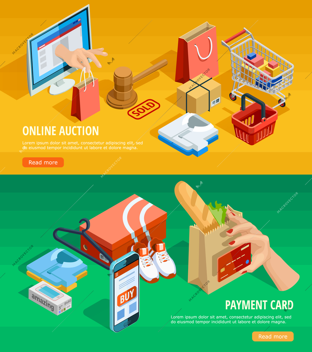 Safe shopping online with smartphone and credit card 2 horizontal isometric e-commerce banners isolated vector illustration