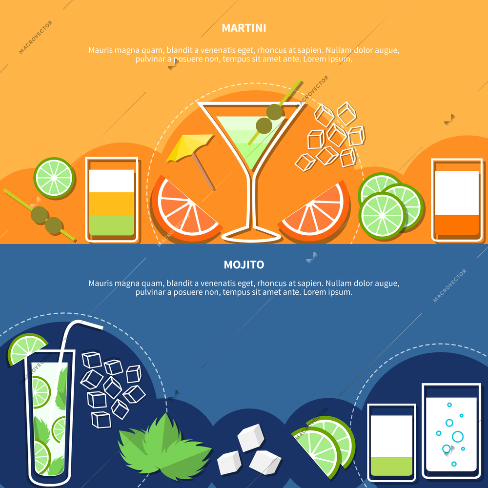 Cocktail horizontal banners with colorful icons of alcoholic drinks and their components vector illustration