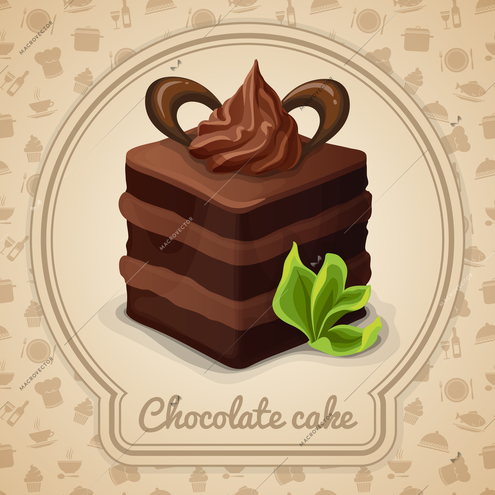 Chocolate layered cake with cream dessert poster in frame and cooking icons on background vector illustration