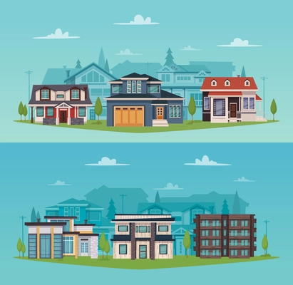 Colorful countryside horizontal banners with suburban houses and cottages in flat style vector illustration