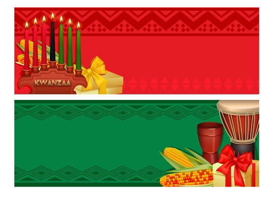 Kwanzaa african american holiday celebration with traditional dishes and candles 2 colorful red green banners vector illustration
